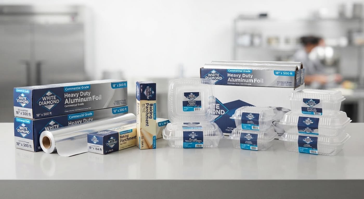 White Diamond aluminium foil rolls, food containers and cling film on a kitchen counter